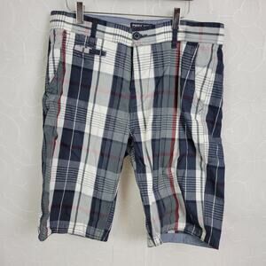 Point Zero Men's Shorts 34 Blue Plaid Flat Front Standard Fit Button Zip Pockets